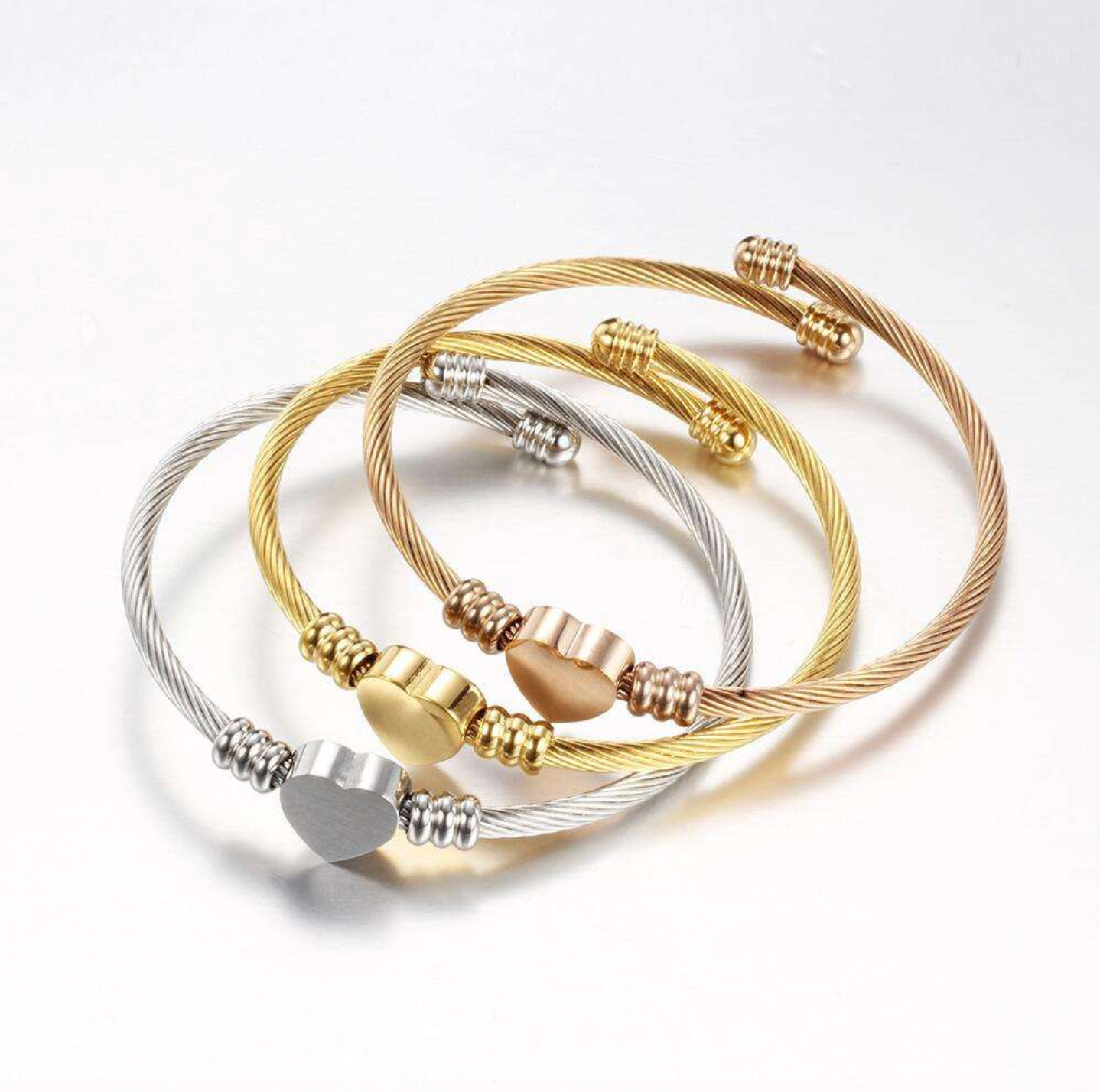 Gold Stainless Steel Heart Charm Bangle