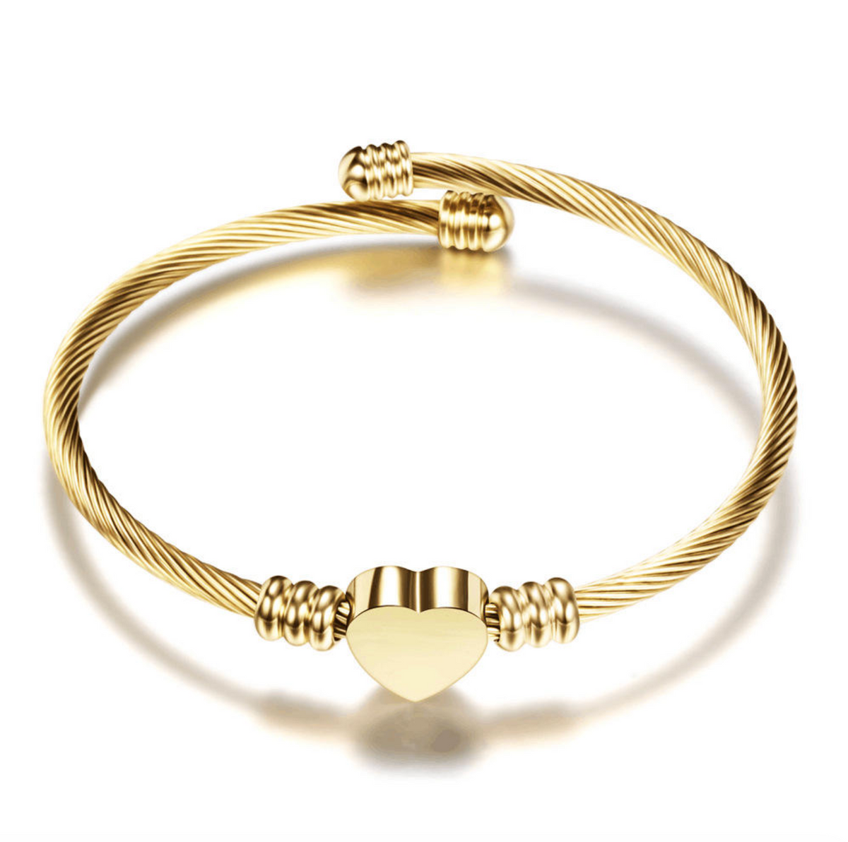 Gold Stainless Steel Heart Charm Bangle