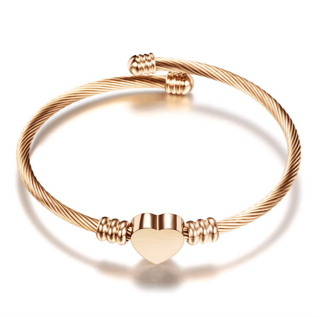 Gold Stainless Steel Heart Charm Bangle
