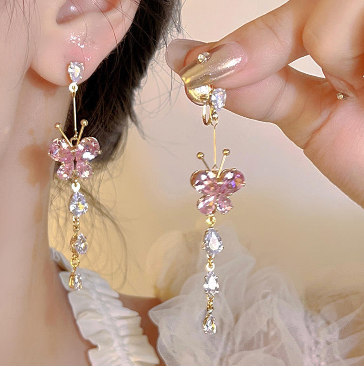 Butterfly Long Chain Tassel Threader Earrings
